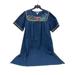 Go Softly Women's Chambray Patio Dress 1X Embroidered Peacock & Floral Mumu NWT
